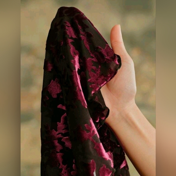 New Sheer Floral Velvet Burn Out Fitted Top Blouse Burgundy Red Black - Picture 8 of 10